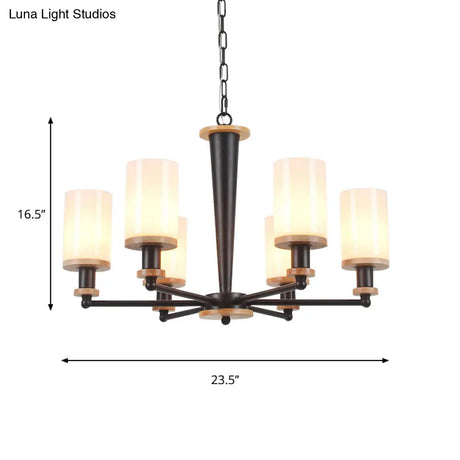 Classic Cylindrical Pendant Chandelier With White Glass Available In 3/5/6 Heads Black Finish