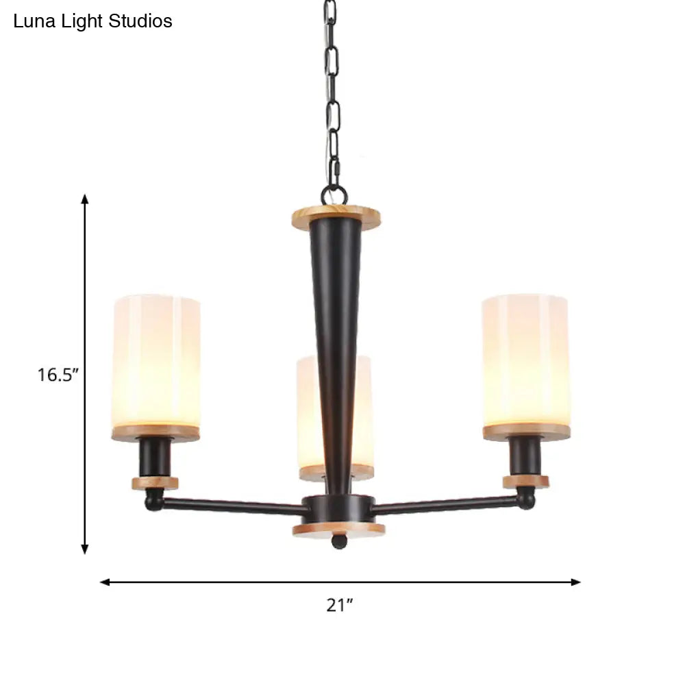 Classic Cylindrical Pendant Chandelier With White Glass Available In 3/5/6 Heads Black Finish