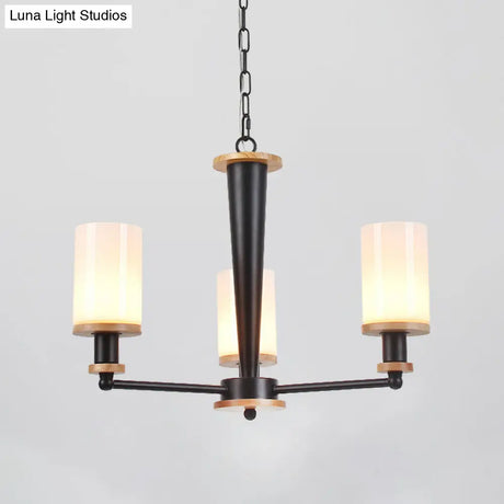 Classic Cylindrical Pendant Chandelier With White Glass Available In 3/5/6 Heads Black Finish