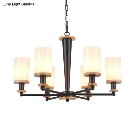 Classic Cylindrical Pendant Chandelier With White Glass Available In 3/5/6 Heads Black Finish