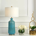 Classic Drum Night Table Light With 1-Light Fabric Shade In White Blue Pot Vase Base