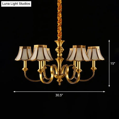 Classic Flower Hanging Lamp - 6 Bulbs Frosted White Glass Chandelier Light With Brass Fixture