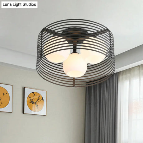 Classic Globe Milky Glass Flush Mount Ceiling Light With 3 Lights - Black/White Ideal For Living