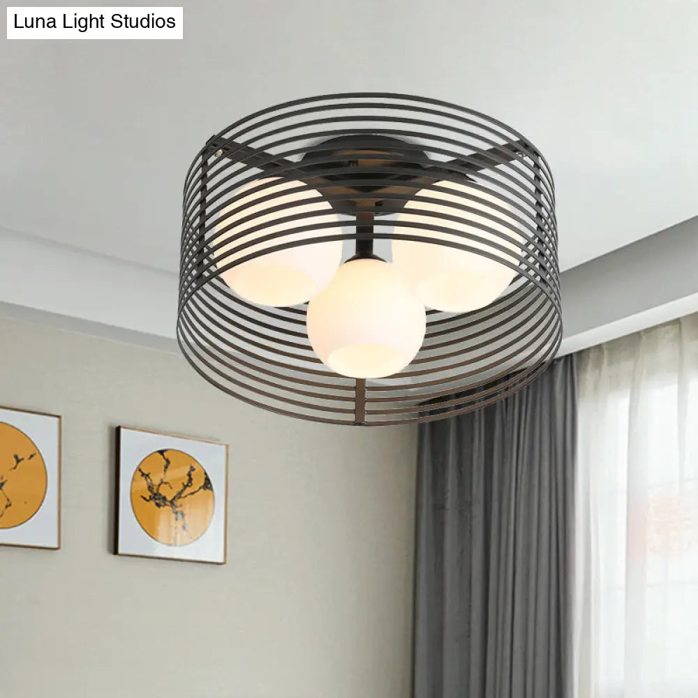 Classic Globe Milky Glass Flush Mount Ceiling Light With 3 Lights - Black/White Ideal For Living