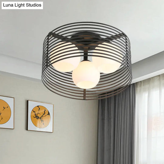 Classic Globe Milky Glass Flush Mount Ceiling Light With 3 Lights - Black/White Ideal For Living