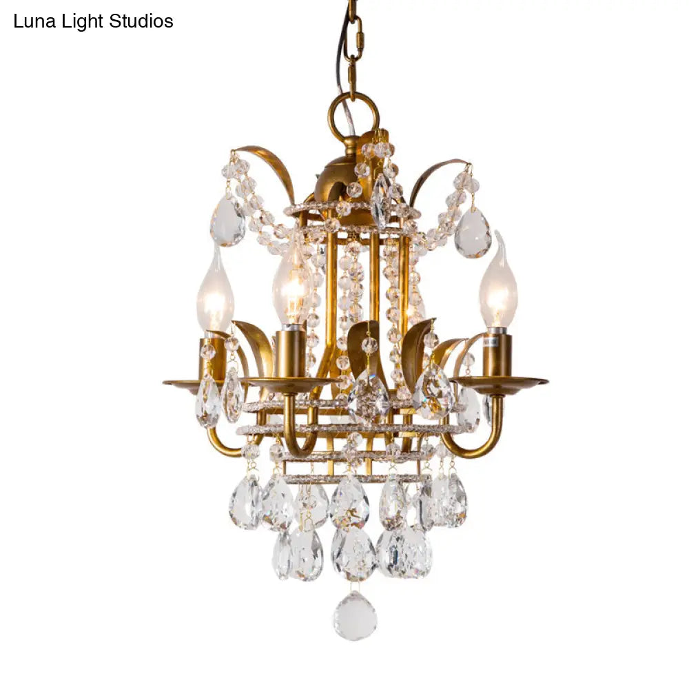 Classic Gold Metal Chandelier With 4-Light Lantern Design And Crystal Droplet Accents