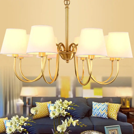 Classic Gold Metal Chandelier With Tapered Fabric Shade - Available In 3 6 Or 8 Lights /