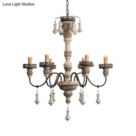 Classic Metal Curvy Arm Chandelier With 6 Bulbs - Distressed Wood Pendant Lamp For Living Room