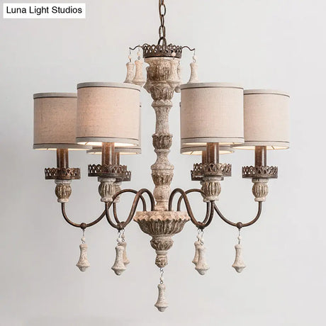 Classic Metal Curvy Arm Chandelier With 6 Bulbs - Distressed Wood Pendant Lamp For Living Room