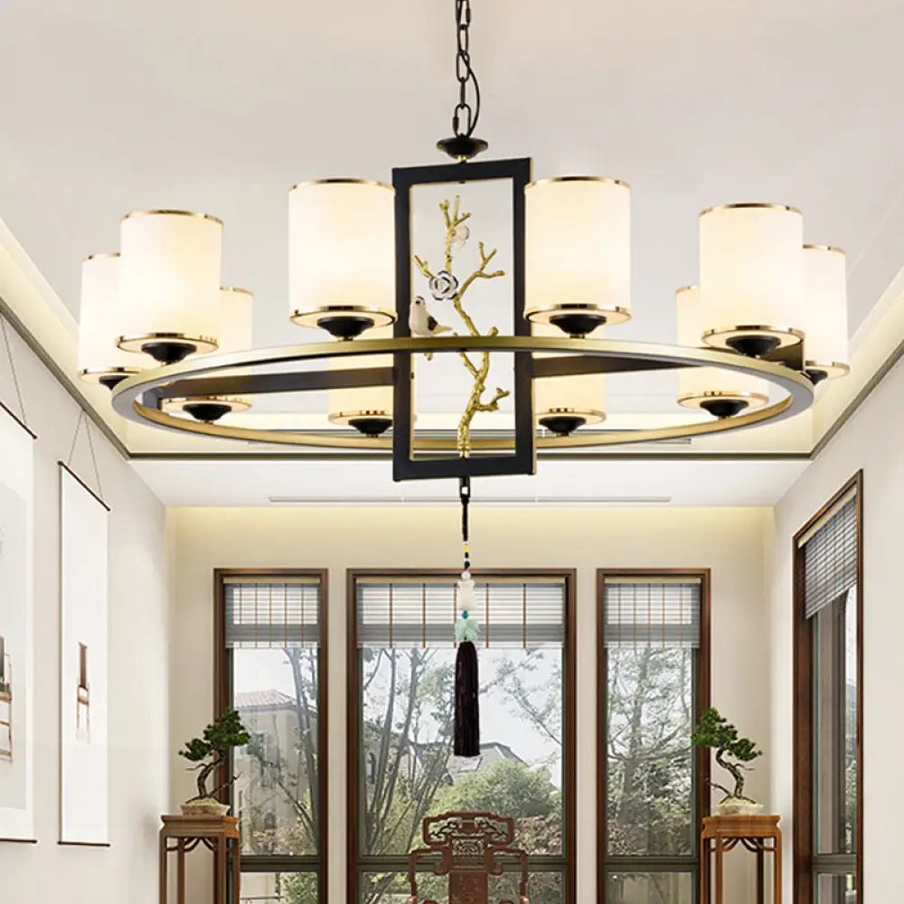 Classic Metal Cylinder Chandelier - 6/8/10 Lights Living Room Pendant Lighting In Black And Gold 10