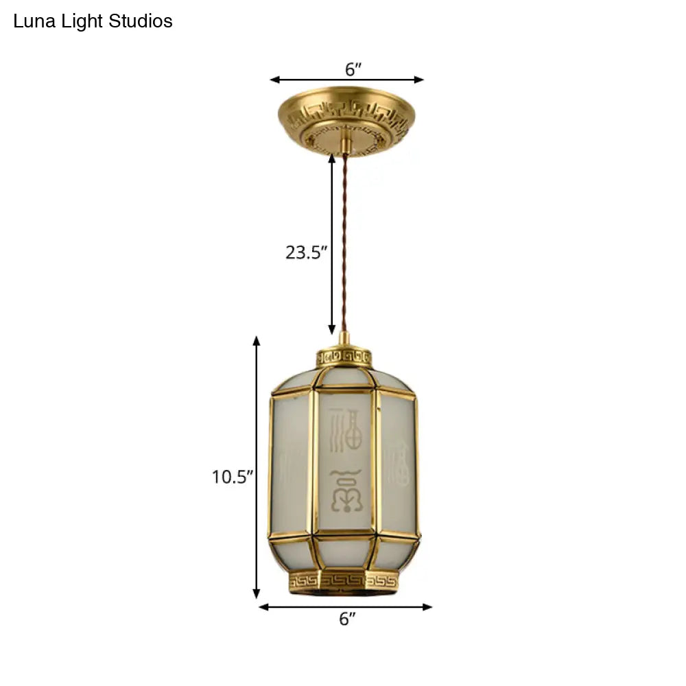 Classic Metal Lantern Corridor Drop Pendant: Brass Hanging Lamp With Frosted Glass Shade