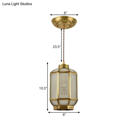 Classic Metal Lantern Corridor Drop Pendant: Brass Hanging Lamp With Frosted Glass Shade