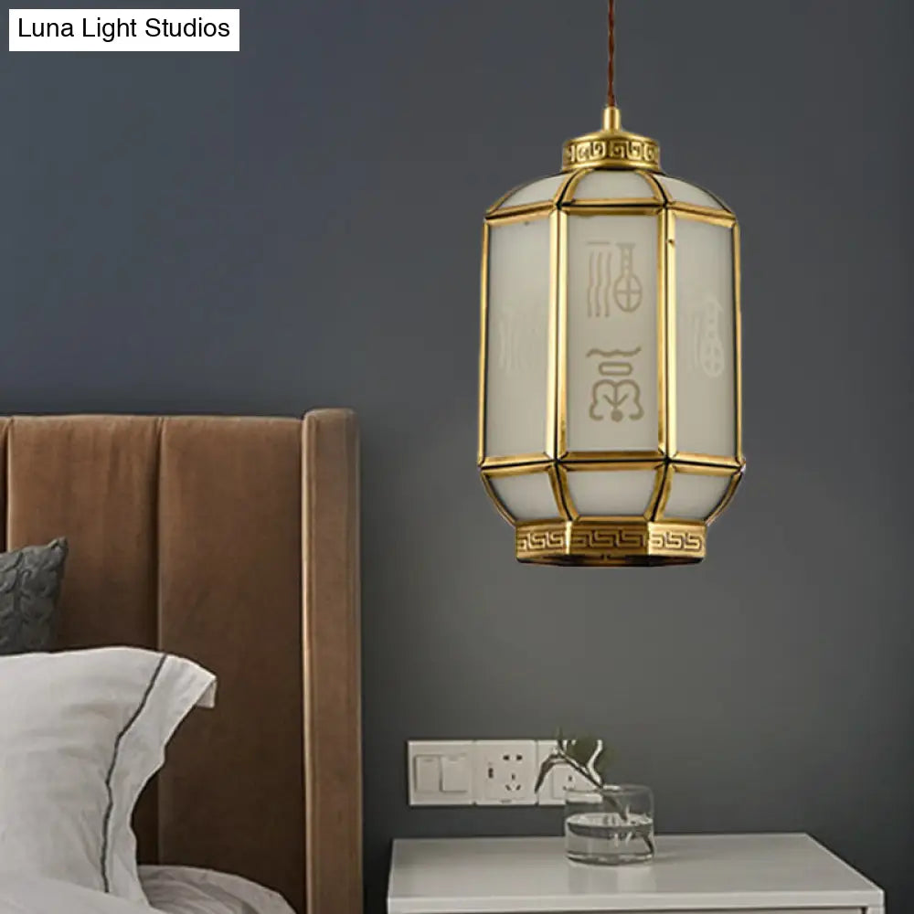 Classic Metal Lantern Corridor Drop Pendant: Brass Hanging Lamp With Frosted Glass Shade