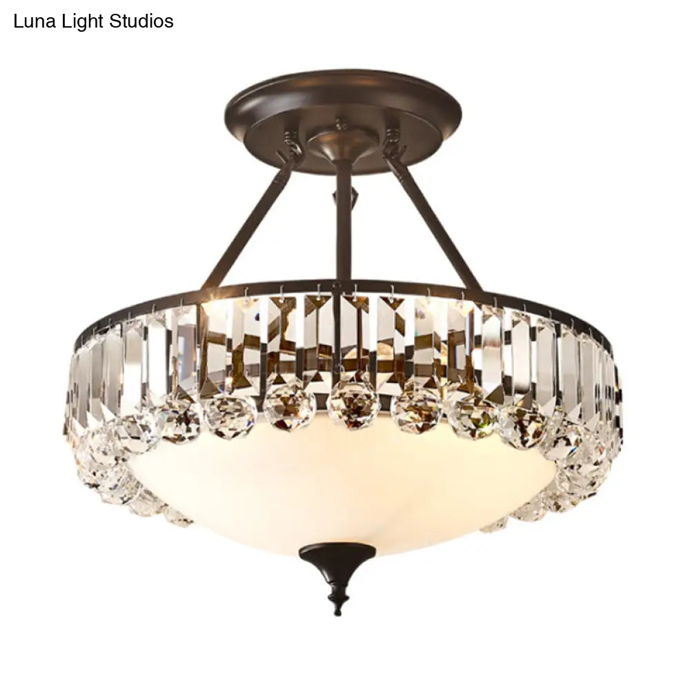 Classic Opal Glass 4-Light Brass Flush Mount With Crystal Prism Side For Bedroom