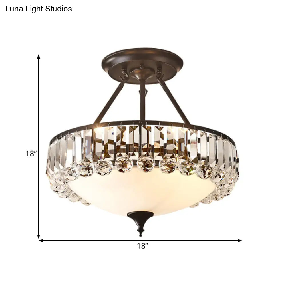 Classic Opal Glass 4-Light Brass Flush Mount With Crystal Prism Side For Bedroom