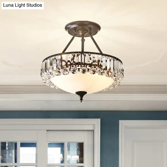 Classic Opal Glass 4-Light Brass Flush Mount With Crystal Prism Side For Bedroom