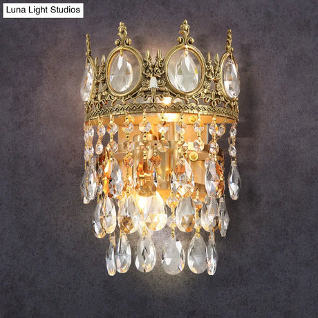 Classic Round Wall Mounted Lighting With Clear Crystal Prisms 2 Bulbs Aged Brass Finish