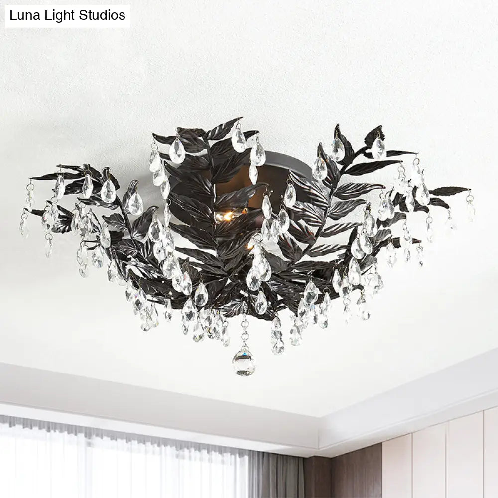 Classic Style Crystal Orb Gold/Black Semi-Flush Mount Leaf Ceiling Light For Bedroom - 10 Heads