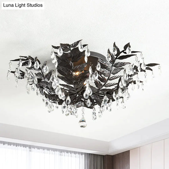 Classic Style Crystal Orb Gold/Black Semi-Flush Mount Leaf Ceiling Light For Bedroom - 10 Heads