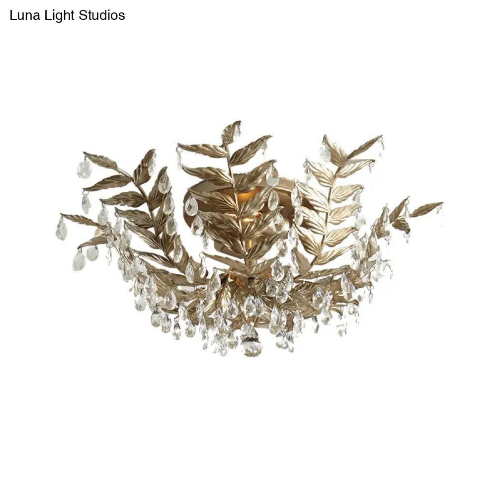 Classic Style Crystal Orb Gold/Black Semi - Flush Mount Leaf Ceiling Light For Bedroom - 10 Heads