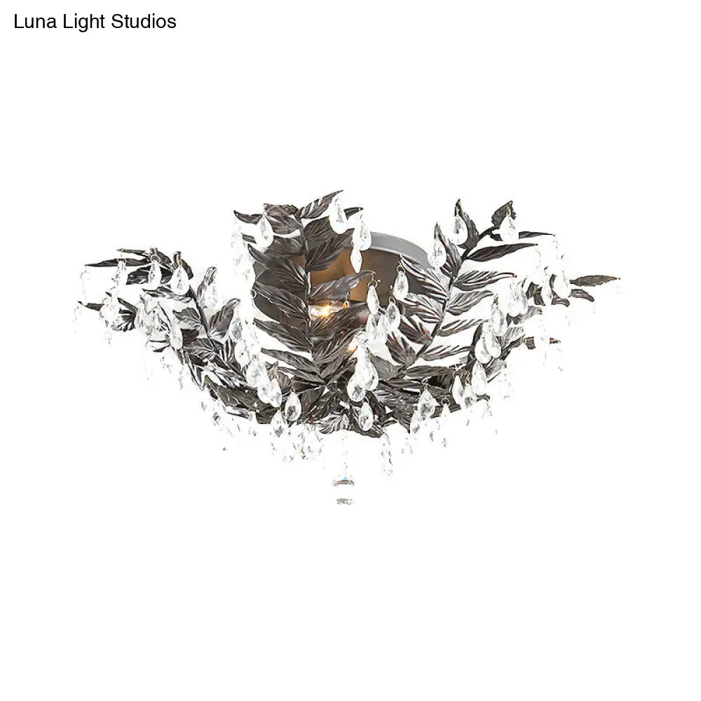 Classic Style Crystal Orb Gold/Black Semi-Flush Mount Leaf Ceiling Light For Bedroom - 10 Heads