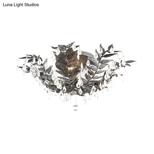 Classic Style Crystal Orb Gold/Black Semi-Flush Mount Leaf Ceiling Light For Bedroom - 10 Heads