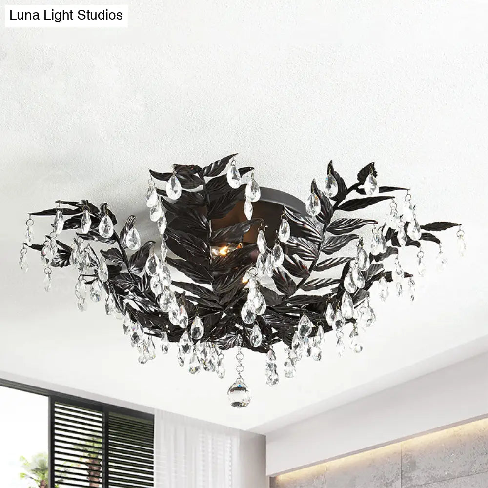 Classic Style Crystal Orb Gold/Black Semi - Flush Mount Leaf Ceiling Light For Bedroom - 10 Heads