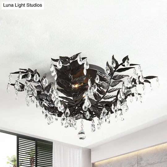 Classic Style Crystal Orb Gold/Black Semi - Flush Mount Leaf Ceiling Light For Bedroom - 10 Heads