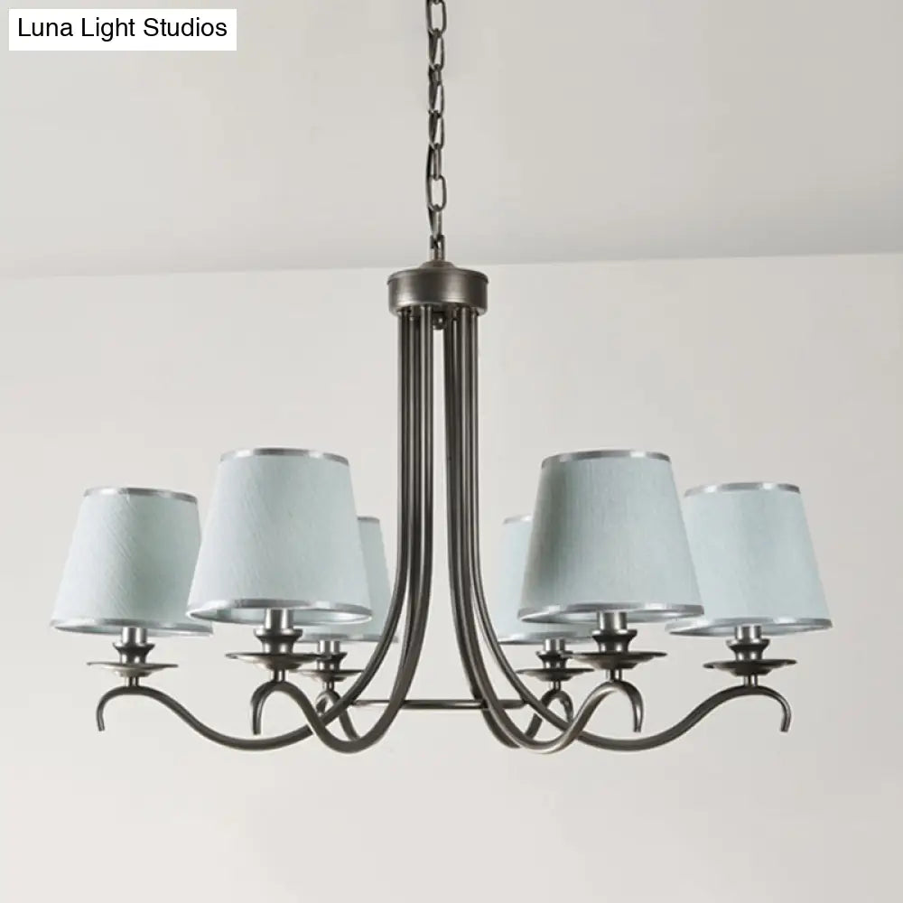 Classic Style Fabric Cone Chandelier Light 6 Heads Silver/Blue/White