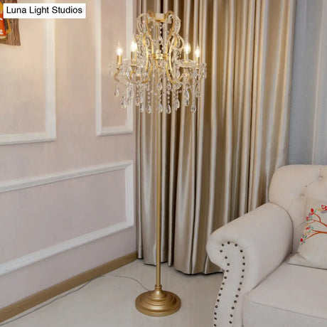 Classic Style Gold Metal Standing Floor Lamp With Crystal Strand - 5 Bulbs Scroll Frame Lighting