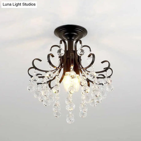 Classic Swirl Ceiling Flush Light With Crystal Ball - Single Metal Semi Mount Lighting