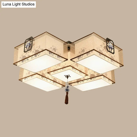 Classic White Flush Mount Ceiling Light - 5 - Light Fixture With Rectangle Fabric Shade