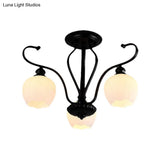 Classic White Glass Flower Shape Semi Flush Light For Living Room - 3/6/8 Lights Black Ceiling