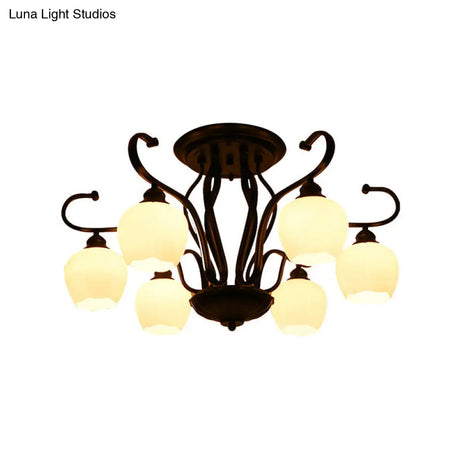 Classic White Glass Flower Shape Semi Flush Light For Living Room - 3/6/8 Lights Black Ceiling