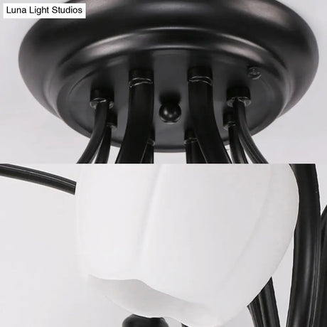 Classic White Glass Flower Shape Semi Flush Light For Living Room - 3/6/8 Lights Black Ceiling