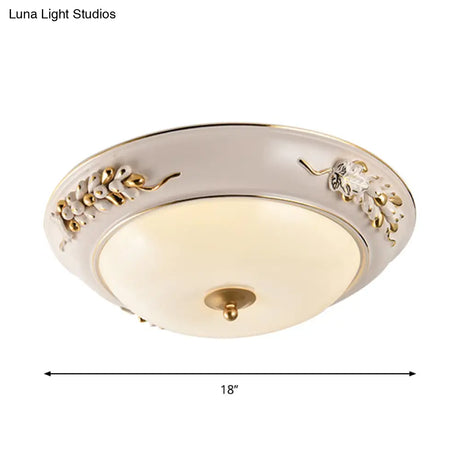 Classic White Led Flush Ceiling Light Fixture With Opal Glass Bowl - Embossed Spikelet Décor