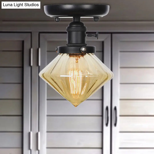Clear/Amber Glass Semi Flush Mount Ceiling Light For Kitchen - Industrial Cone/Rhombus/Bell Design