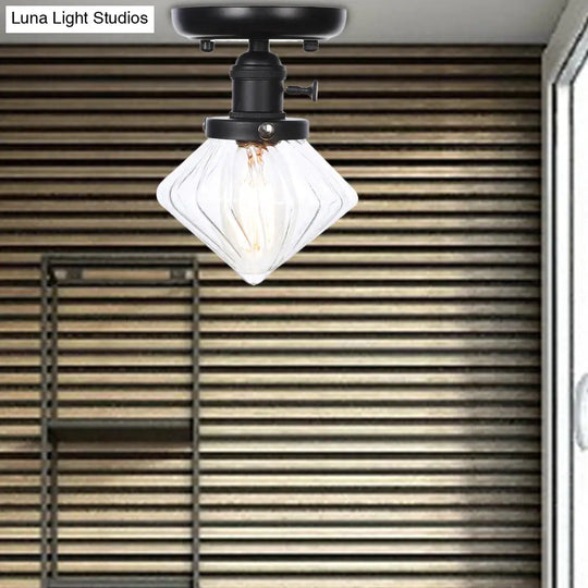 Clear/Amber Glass Semi Flush Mount Ceiling Light For Kitchen - Industrial Cone/Rhombus/Bell Design