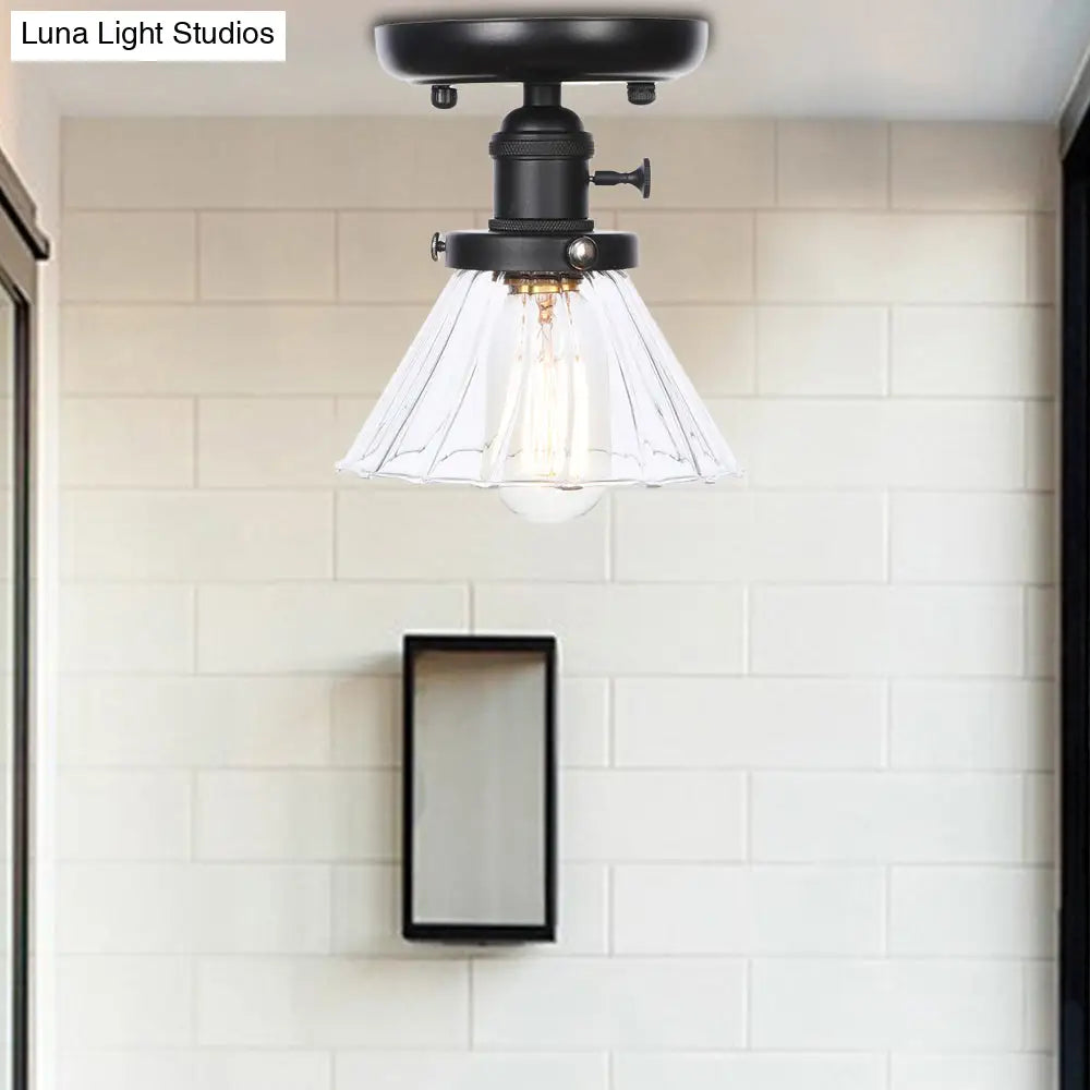 Clear/Amber Glass Semi Flush Mount Ceiling Light For Kitchen - Industrial Cone/Rhombus/Bell Design