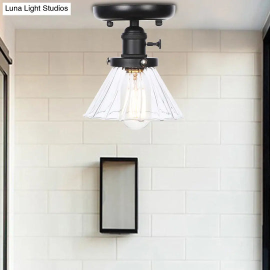 Clear/Amber Glass Semi Flush Mount Ceiling Light For Kitchen - Industrial Cone/Rhombus/Bell Design