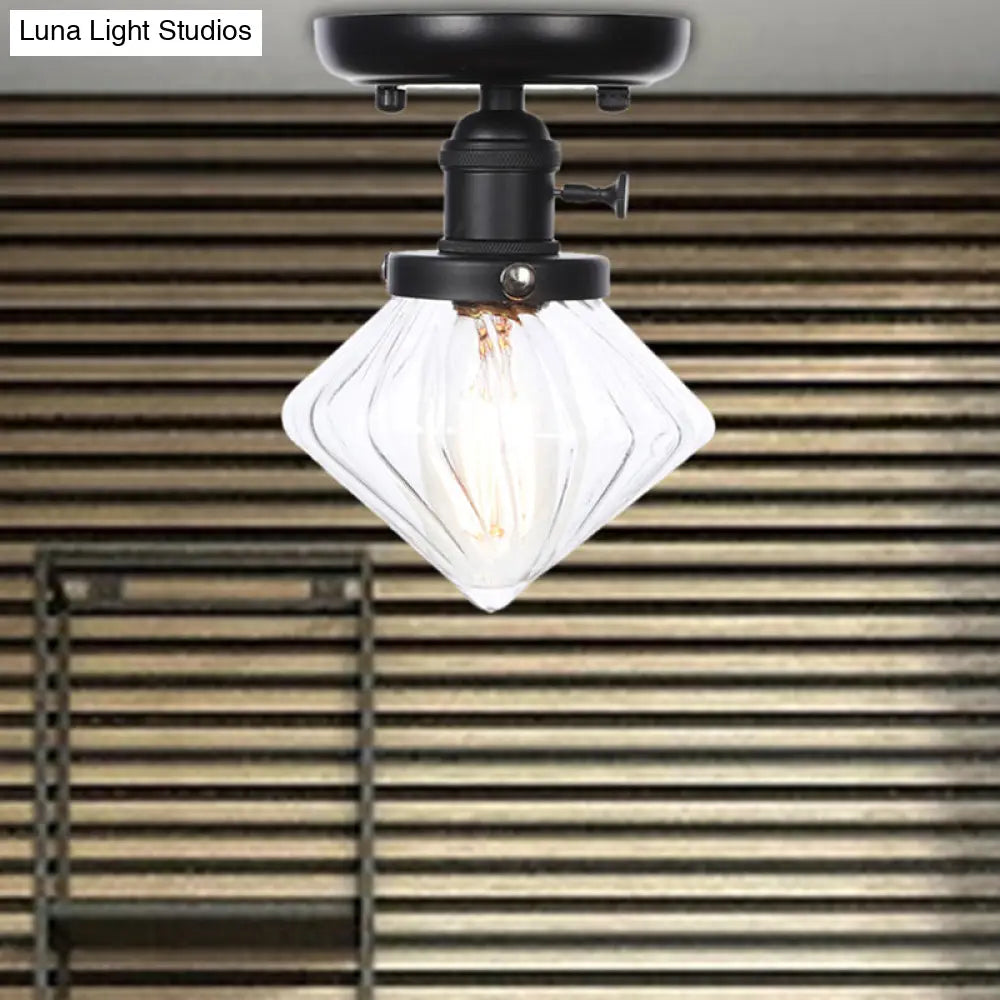Clear/Amber Glass Semi Flush Mount Ceiling Light For Kitchen - Industrial Cone/Rhombus/Bell Design