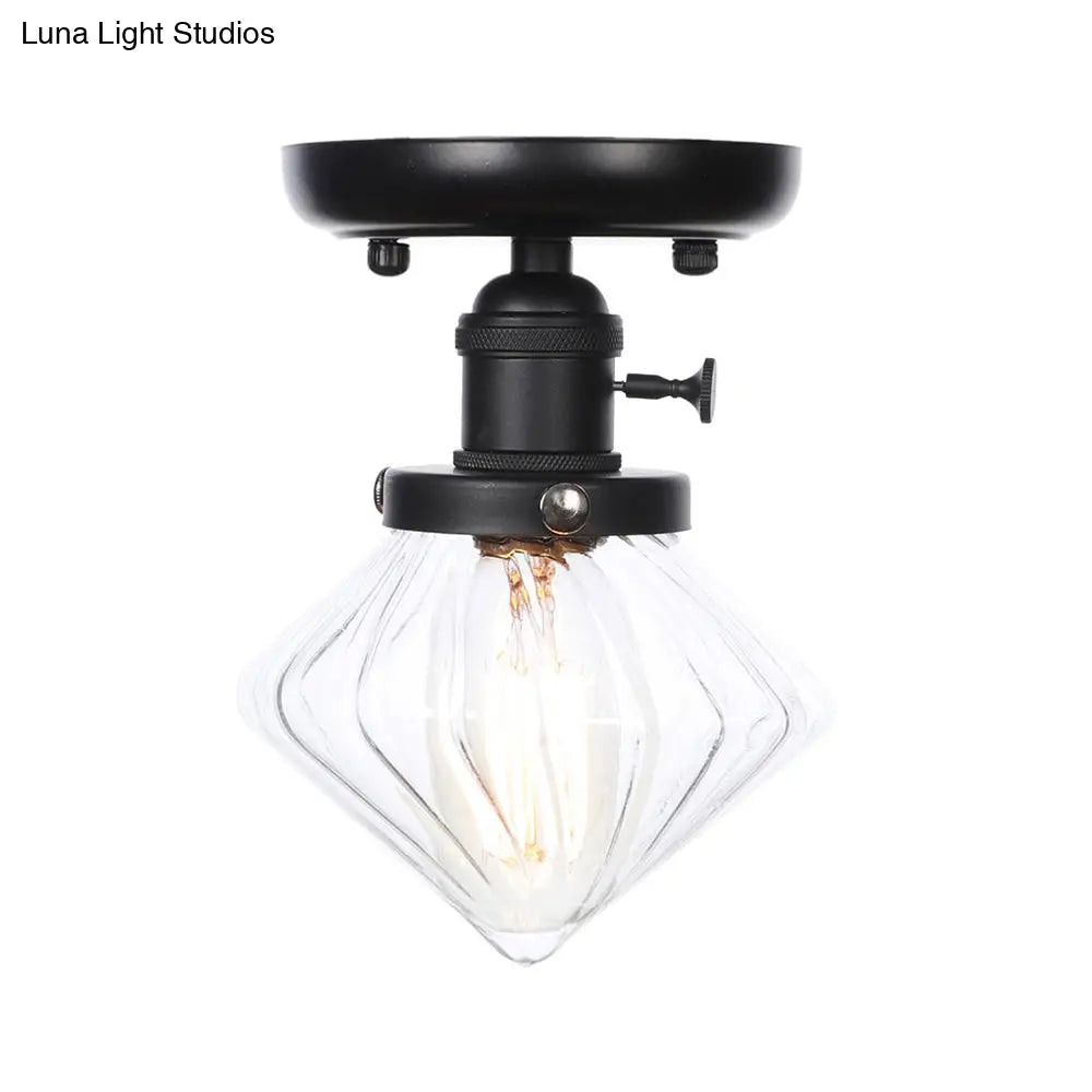 Clear/Amber Glass Semi Flush Mount Ceiling Light For Kitchen - Industrial Cone/Rhombus/Bell Design
