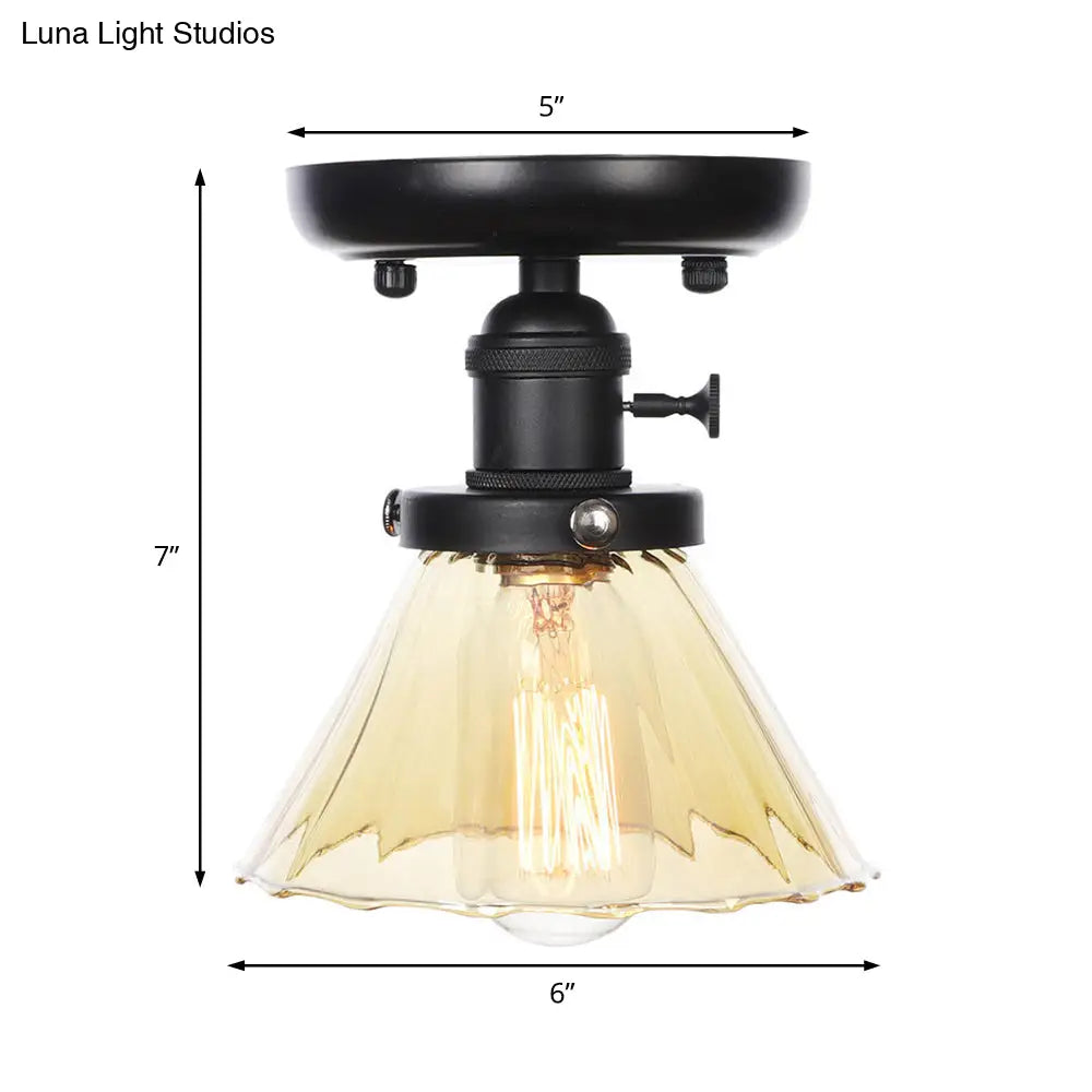 Clear/Amber Glass Semi Flush Mount Ceiling Light For Kitchen - Industrial Cone/Rhombus/Bell Design