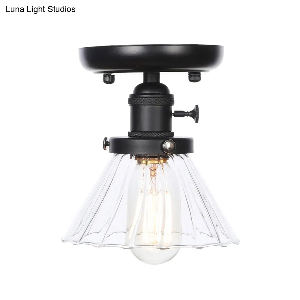 Clear/Amber Glass Semi Flush Mount Ceiling Light For Kitchen - Industrial Cone/Rhombus/Bell Design