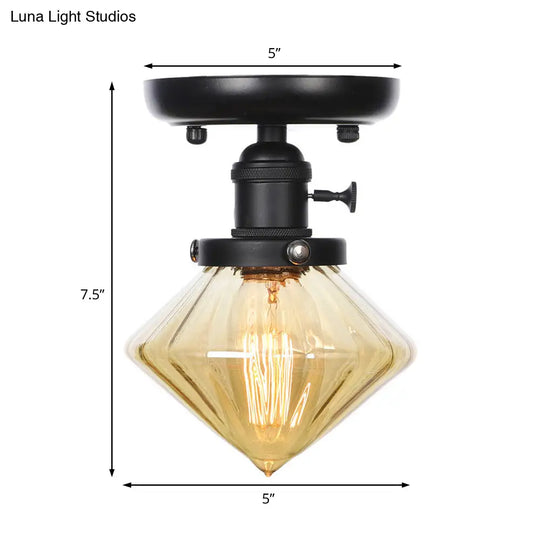 Clear/Amber Glass Semi Flush Mount Ceiling Light For Kitchen - Industrial Cone/Rhombus/Bell Design