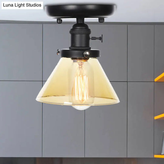 Clear/Amber Glass Semi Flush Mount Ceiling Light For Kitchen - Industrial Cone/Rhombus/Bell Design