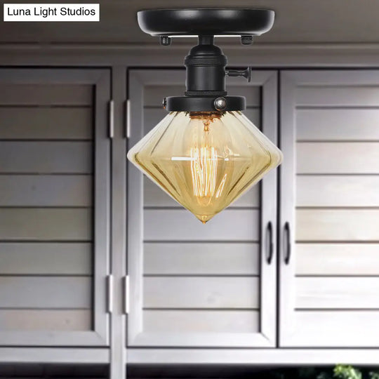 Clear/Amber Glass Semi Flush Mount Ceiling Light For Kitchen - Industrial Cone/Rhombus/Bell Design
