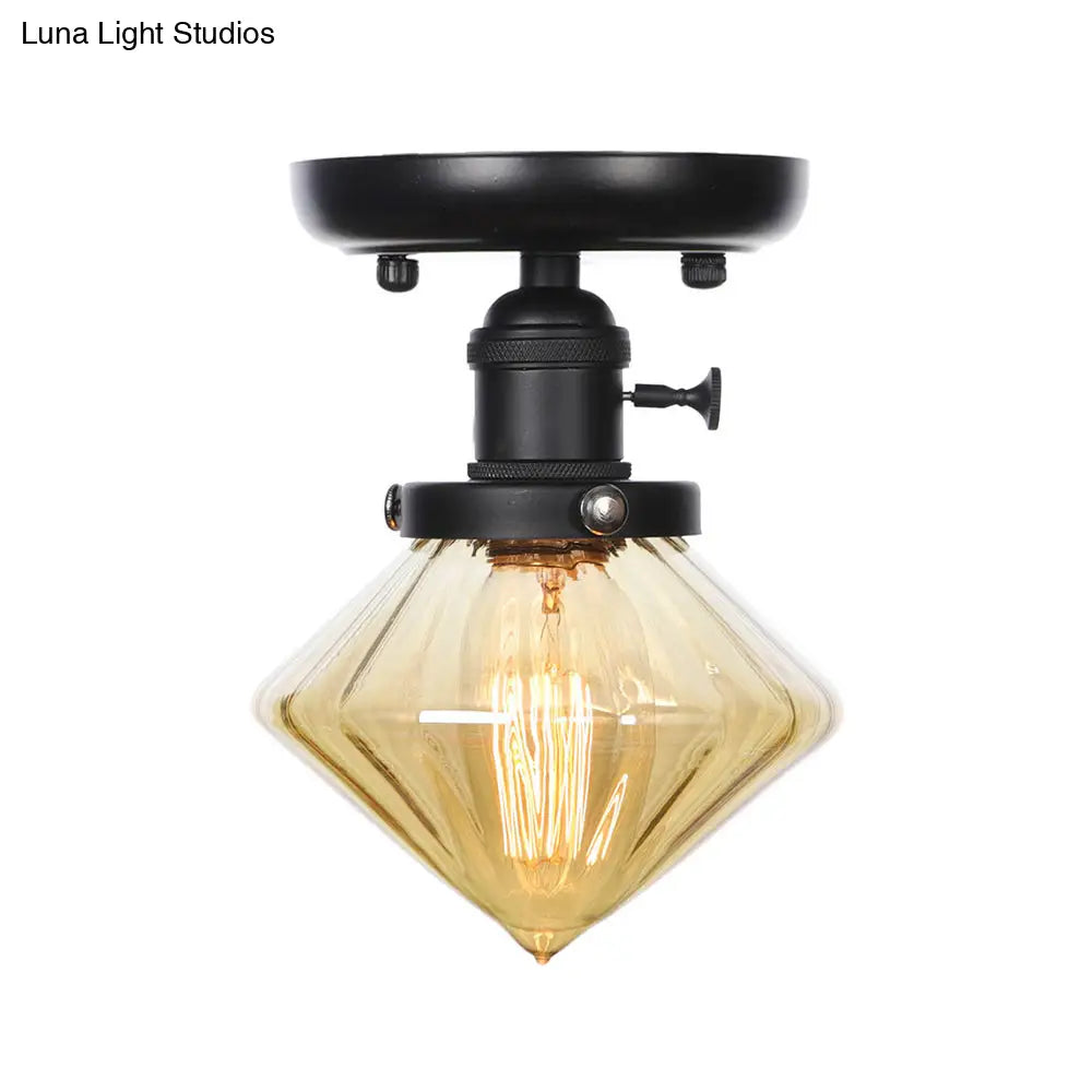 Clear/Amber Glass Semi Flush Mount Ceiling Light For Kitchen - Industrial Cone/Rhombus/Bell Design