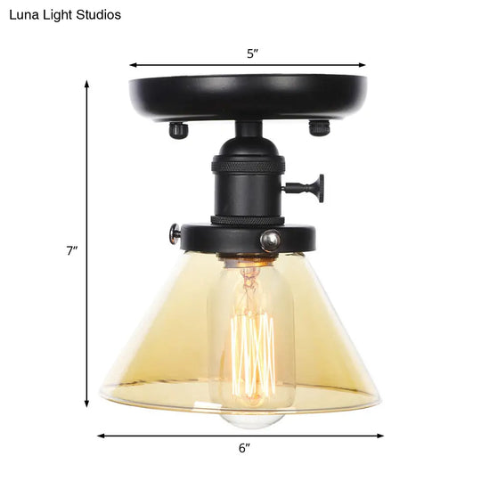 Clear/Amber Glass Semi Flush Mount Ceiling Light For Kitchen - Industrial Cone/Rhombus/Bell Design