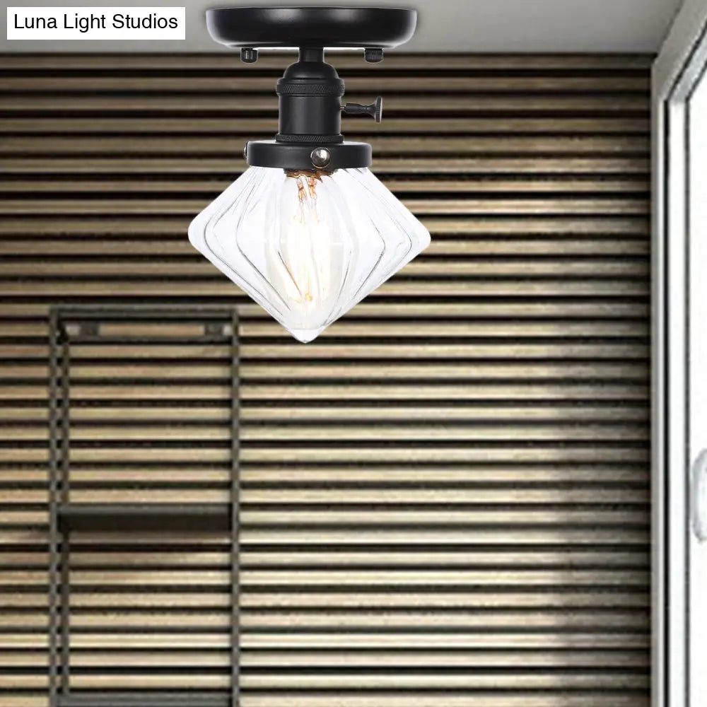 Clear/Amber Glass Semi Flush Mount Ceiling Light For Kitchen - Industrial Cone/Rhombus/Bell Design